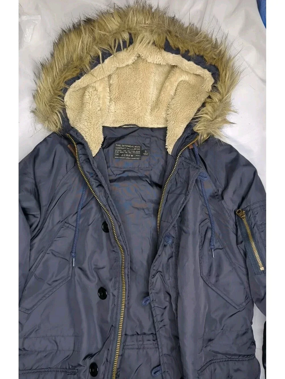 J Crew Snorkel N3B Military Winter Parka Jacket Field Coat Mens Small Fur Navy